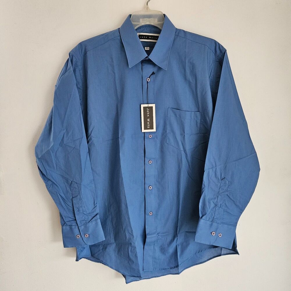 John Weitz Shirt Mens 16.5 32/33 Blue Button Down Single Needle Tailoring